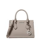 Beige handbag with a visible brand logo on a white background