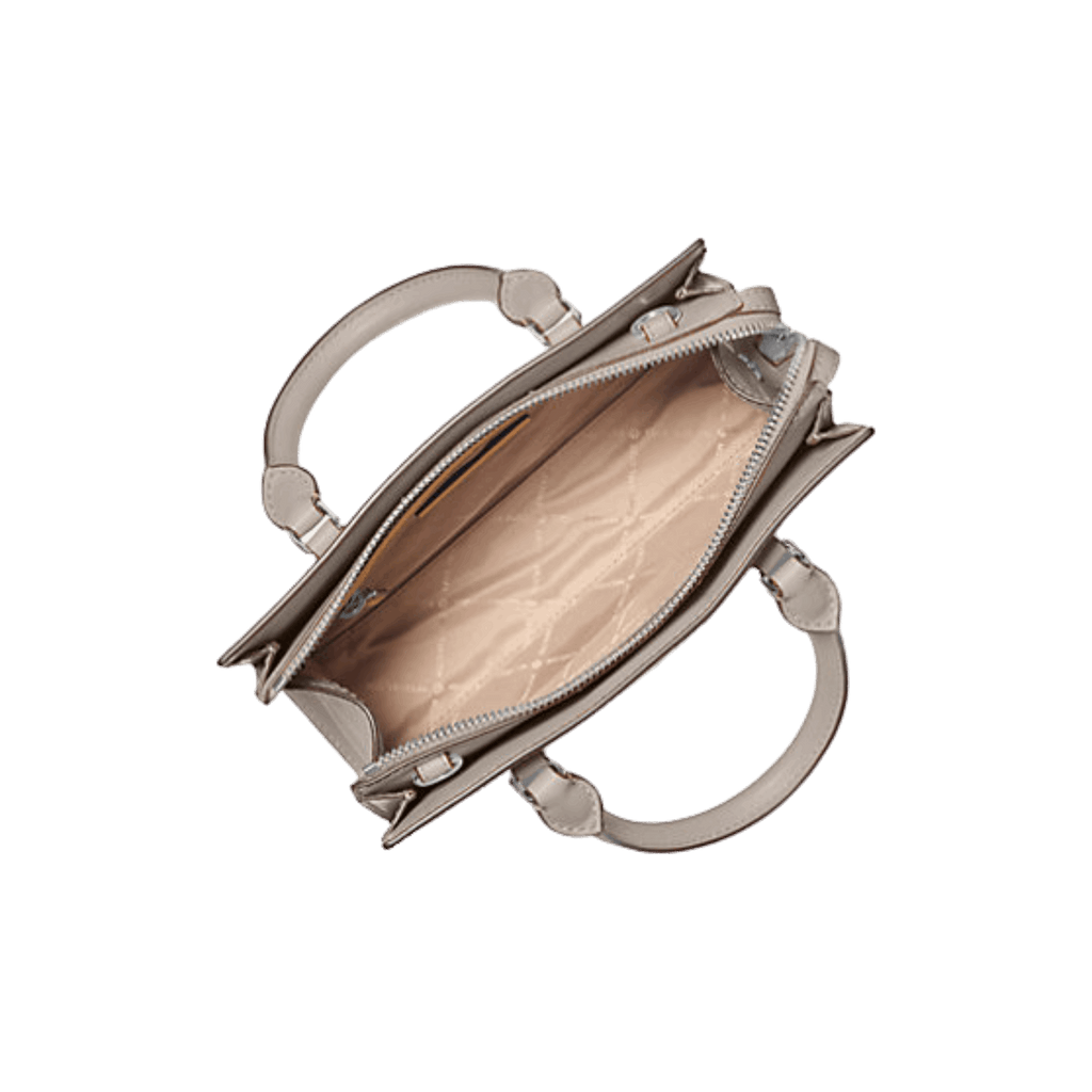 Open beige handbag with visible interior on a white background