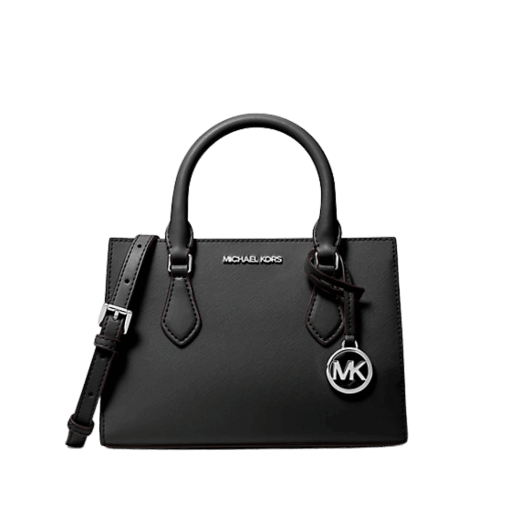 Black handbag with a visible Michael Kors on a white background