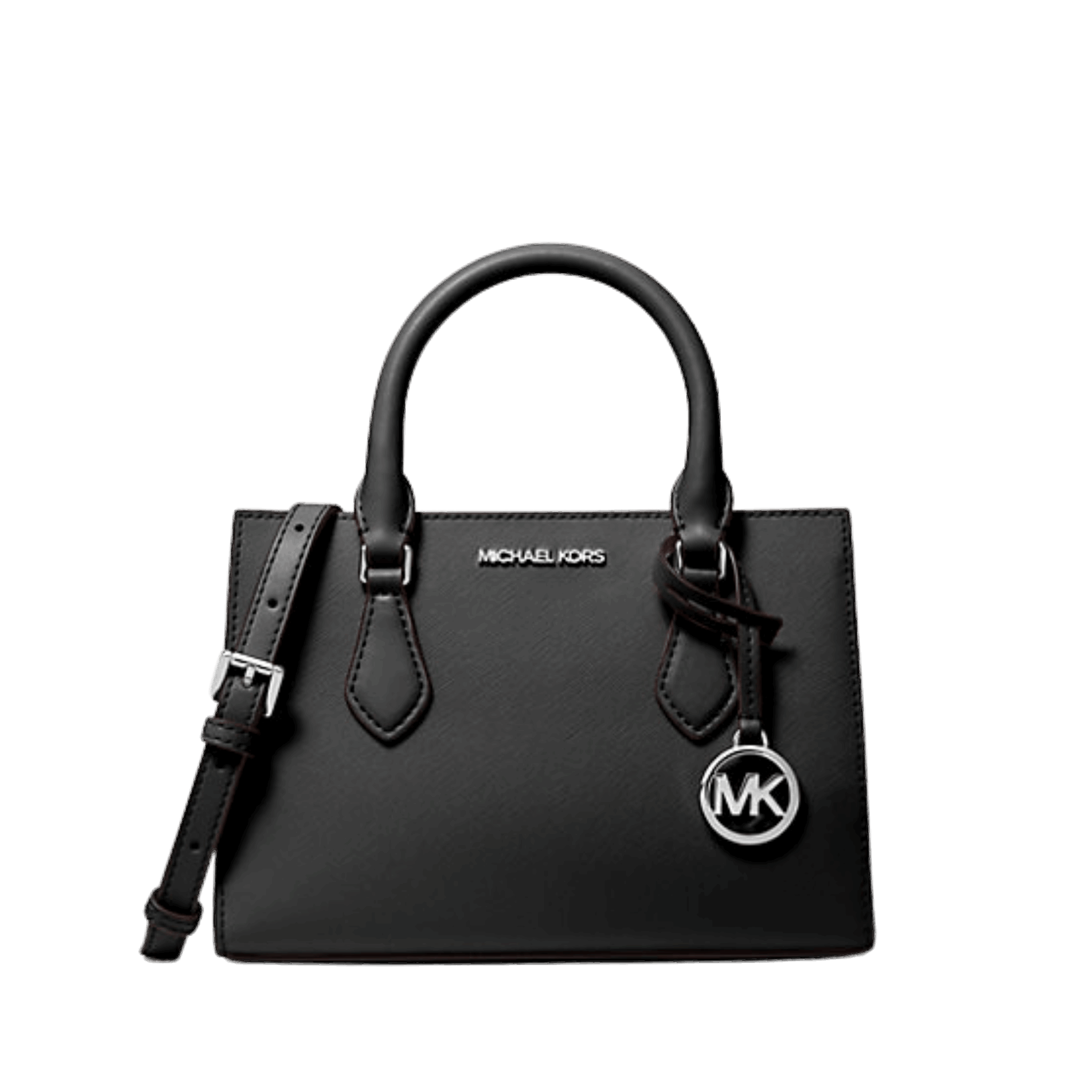 Black handbag with a visible Michael Kors on a white background