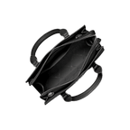 Black leather handbag with multiple handles on a white background